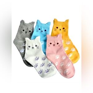 Cute cat socks 5 pairs yellow pink white blue grey gray new in packaging